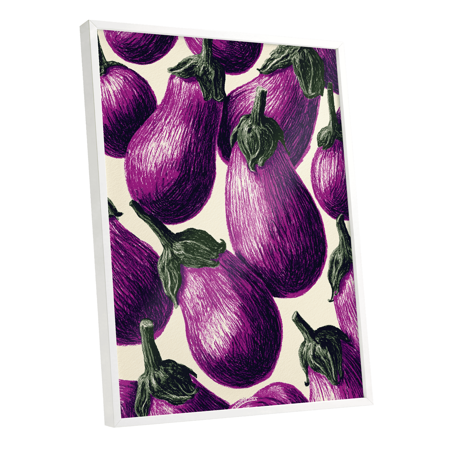 Aubergine Parade, purple, green, beige nature wall art shown as a white framed poster wall art print