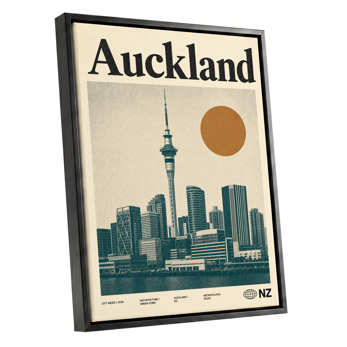 Auckland Modernist, beige, green, orange minimalist wall art shown as a black framed canvas wall art