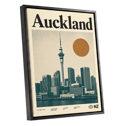 Auckland Modernist, beige, green, orange minimalist wall art shown as a black framed canvas wall art