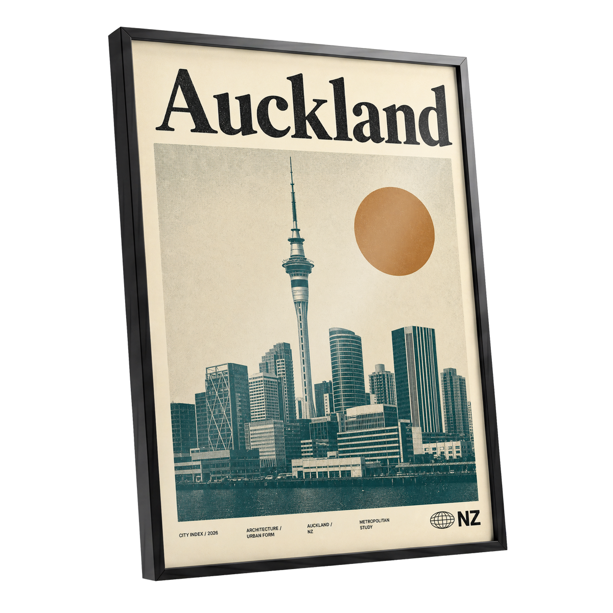 Auckland Modernist, beige, green, orange minimalist wall art shown as a black framed poster wall art print