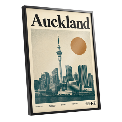Auckland Modernist, beige, green, orange minimalist wall art shown as a black framed poster wall art print