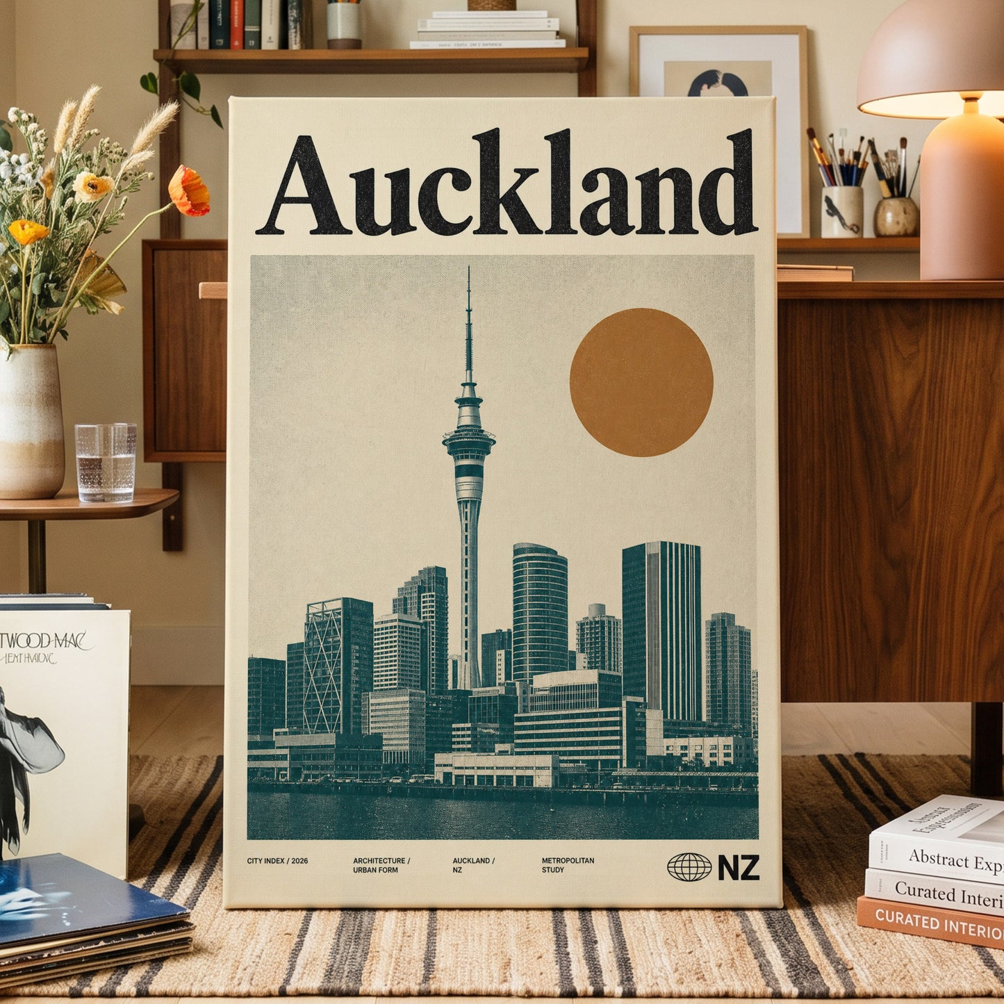 Auckland Modernist, beige, green, orange minimalist wall art on canvas displayed in a styled interior, gallery view 1