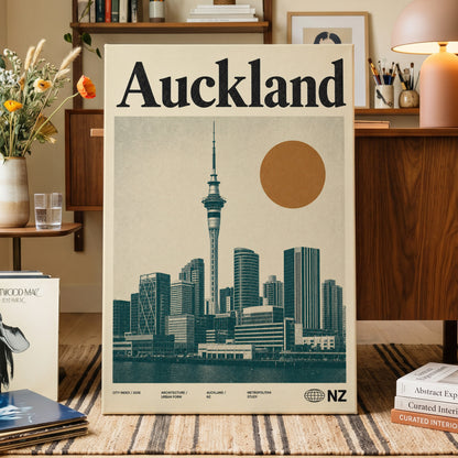 Auckland Modernist, beige, green, orange minimalist wall art on canvas displayed in a styled interior, gallery view 1
