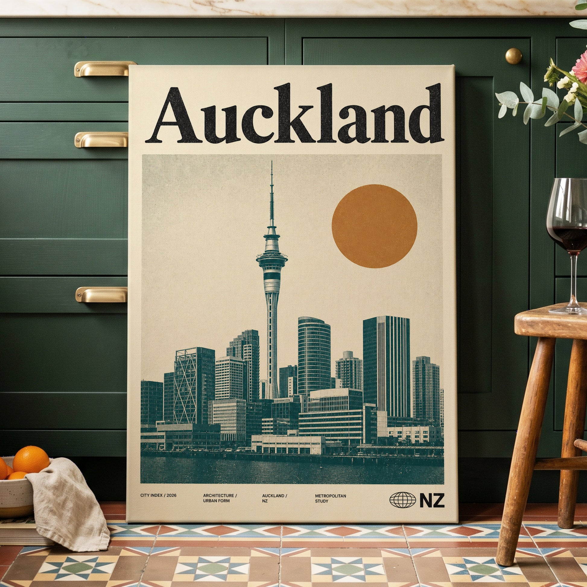 Auckland Modernist, beige, green, orange minimalist wall art on canvas displayed in a styled interior, gallery view 2