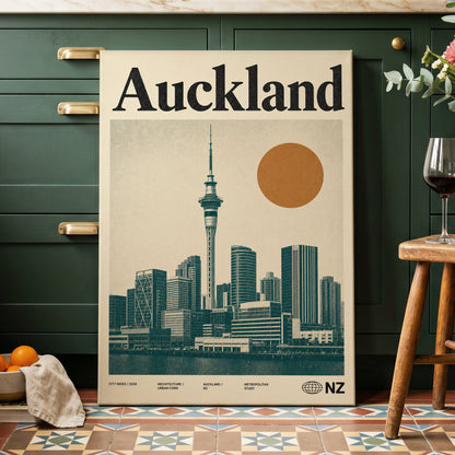 Auckland Modernist, beige, green, orange minimalist wall art on canvas displayed in a styled interior, gallery view 2