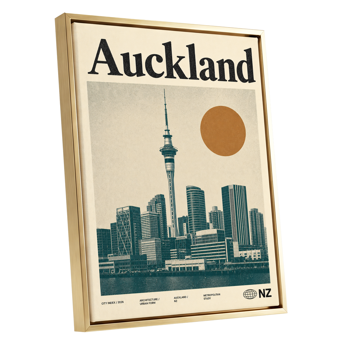 Auckland Modernist, beige, green, orange minimalist wall art shown as a gold framed canvas wall art