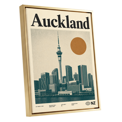 Auckland Modernist, beige, green, orange minimalist wall art shown as a gold framed canvas wall art