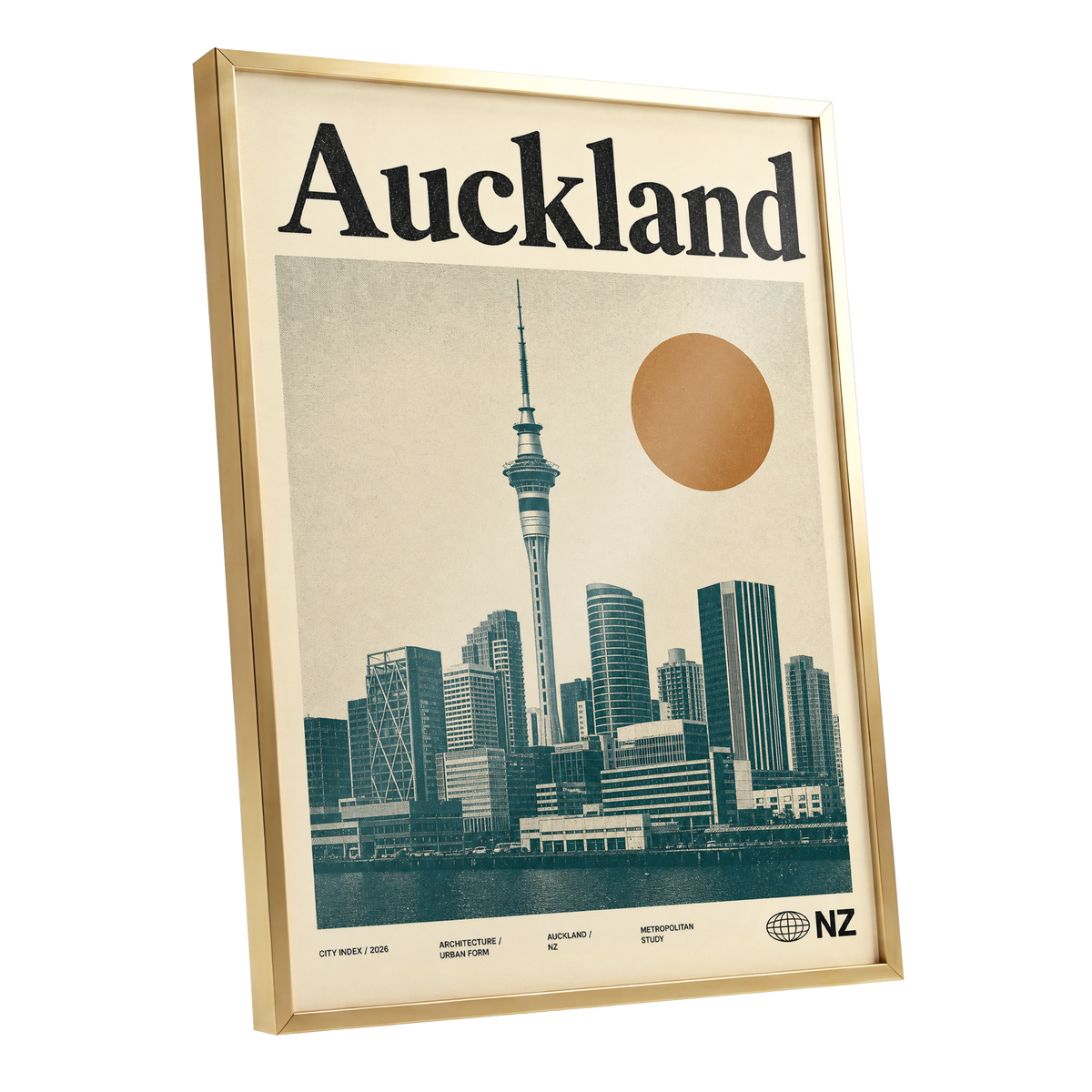 Auckland Modernist, beige, green, orange minimalist wall art shown as a gold framed poster wall art print