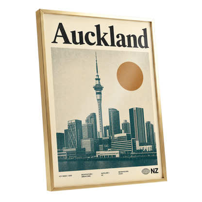 Auckland Modernist, beige, green, orange minimalist wall art shown as a gold framed poster wall art print