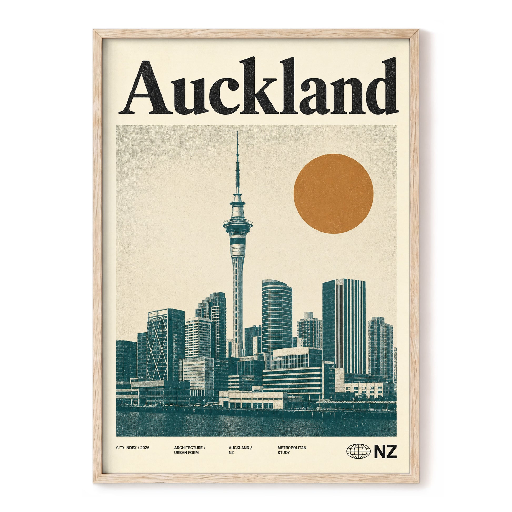 Auckland Modernist, beige, green, orange minimalist wall art, front artwork view
