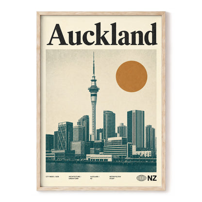 Auckland Modernist, beige, green, orange minimalist wall art, front artwork view