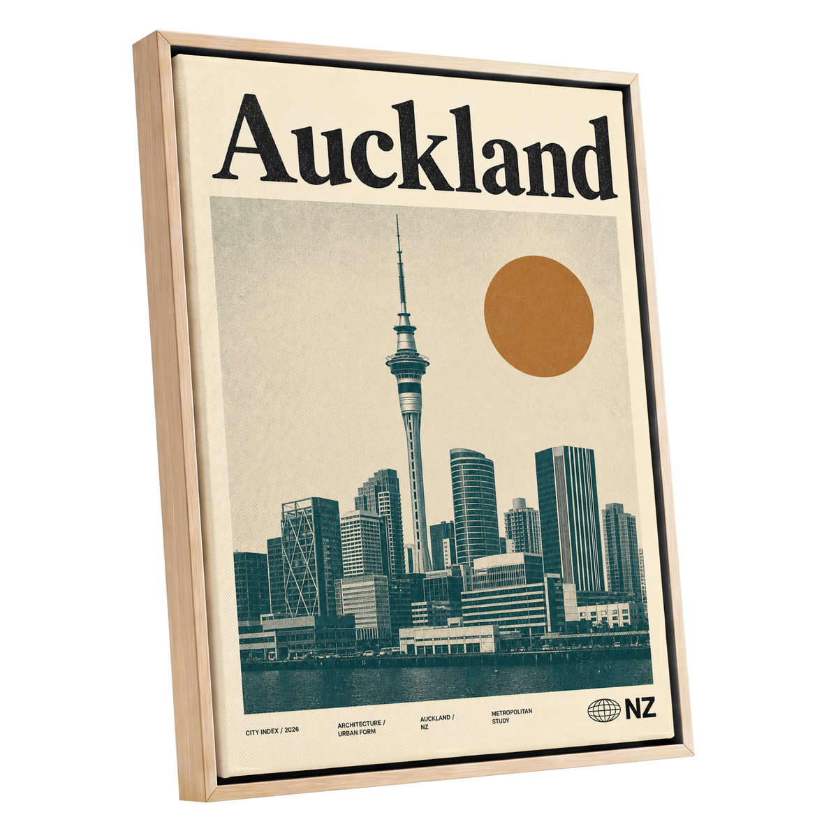 Auckland Modernist, beige, green, orange minimalist wall art shown as a oak framed canvas wall art