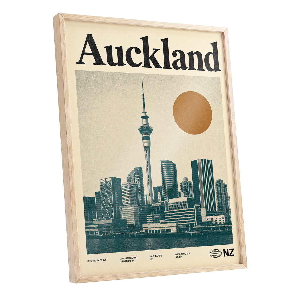 Auckland Modernist, beige, green, orange minimalist wall art shown as a oak framed poster wall art print