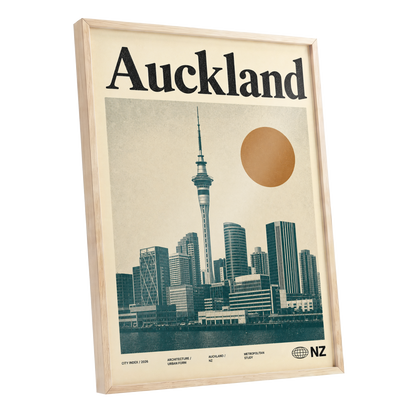 Auckland Modernist, beige, green, orange minimalist wall art shown as a oak framed poster wall art print