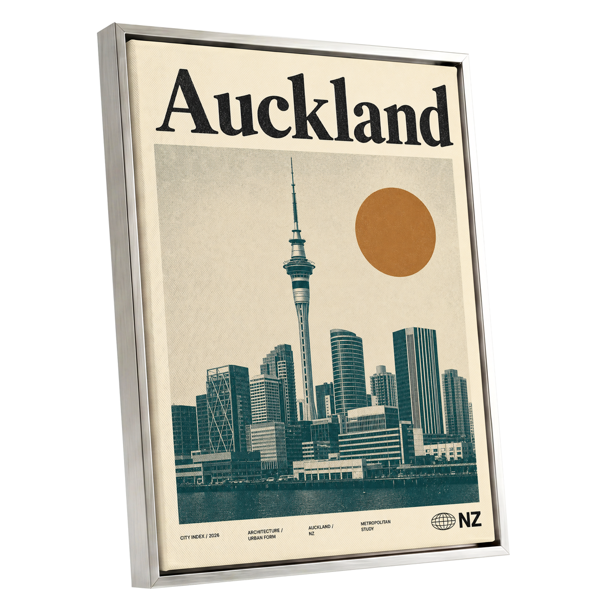 Auckland Modernist, beige, green, orange minimalist wall art shown as a silver framed canvas wall art