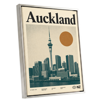 Auckland Modernist, beige, green, orange minimalist wall art shown as a silver framed canvas wall art