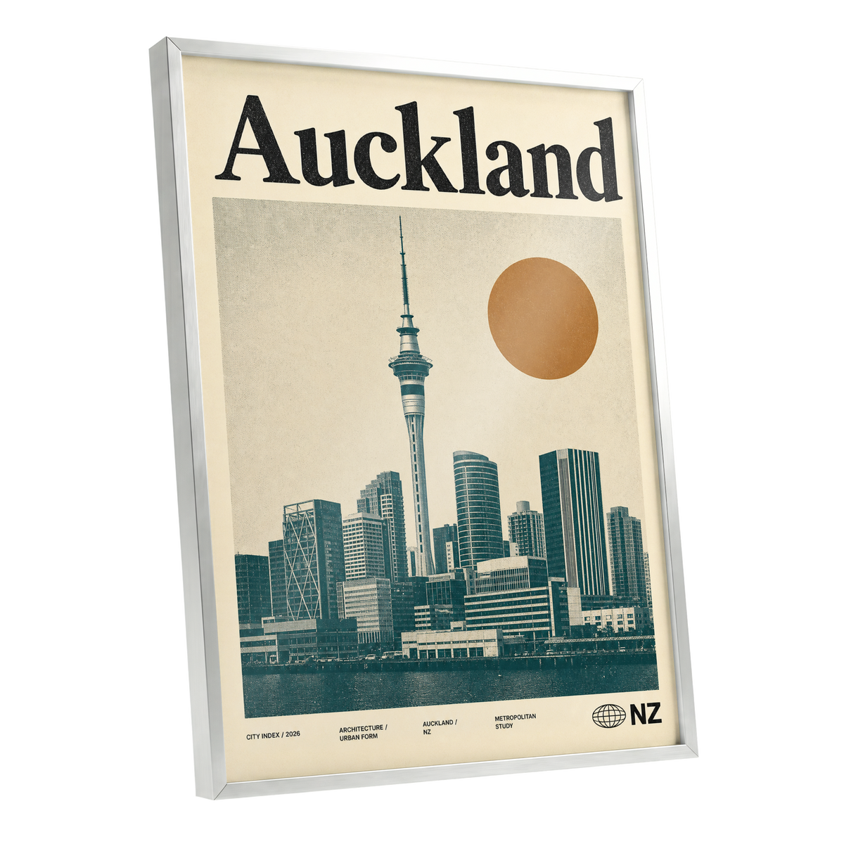 Auckland Modernist, beige, green, orange minimalist wall art shown as a silver framed poster wall art print
