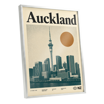 Auckland Modernist, beige, green, orange minimalist wall art shown as a silver framed poster wall art print