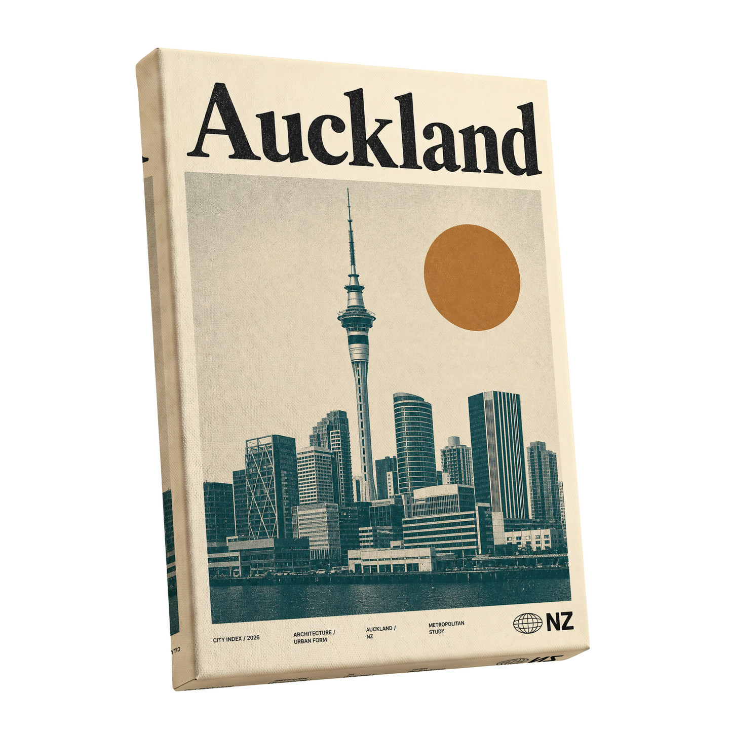Auckland Modernist, beige, green, orange minimalist wall art shown as a stretched canvas wall art