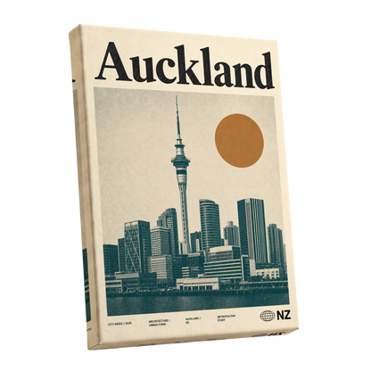 Auckland Modernist, beige, green, orange minimalist wall art shown as a stretched canvas wall art