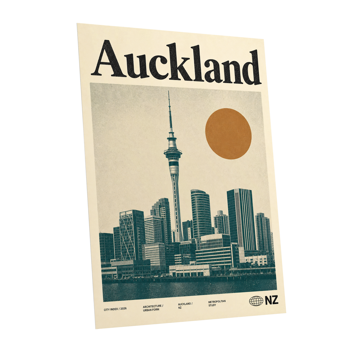 Auckland Modernist, beige, green, orange minimalist wall art shown as a unframed poster wall art print