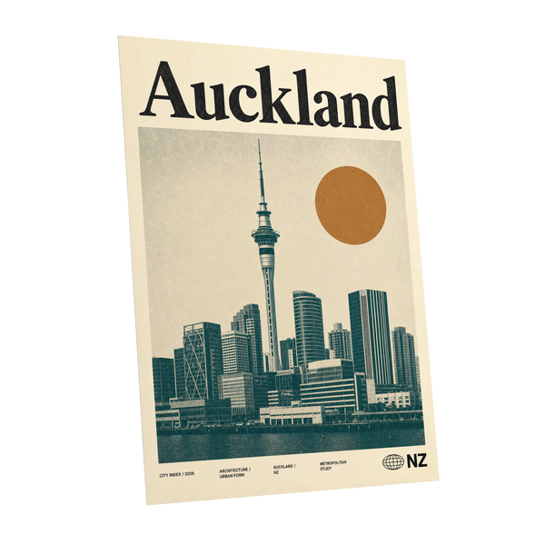 Auckland Modernist, beige, green, orange minimalist wall art shown as a unframed poster wall art print