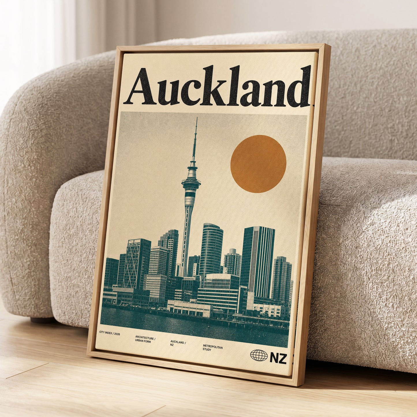 Auckland Modernist, beige, green, orange minimalist wall art displayed in a styled interior, gallery view 1