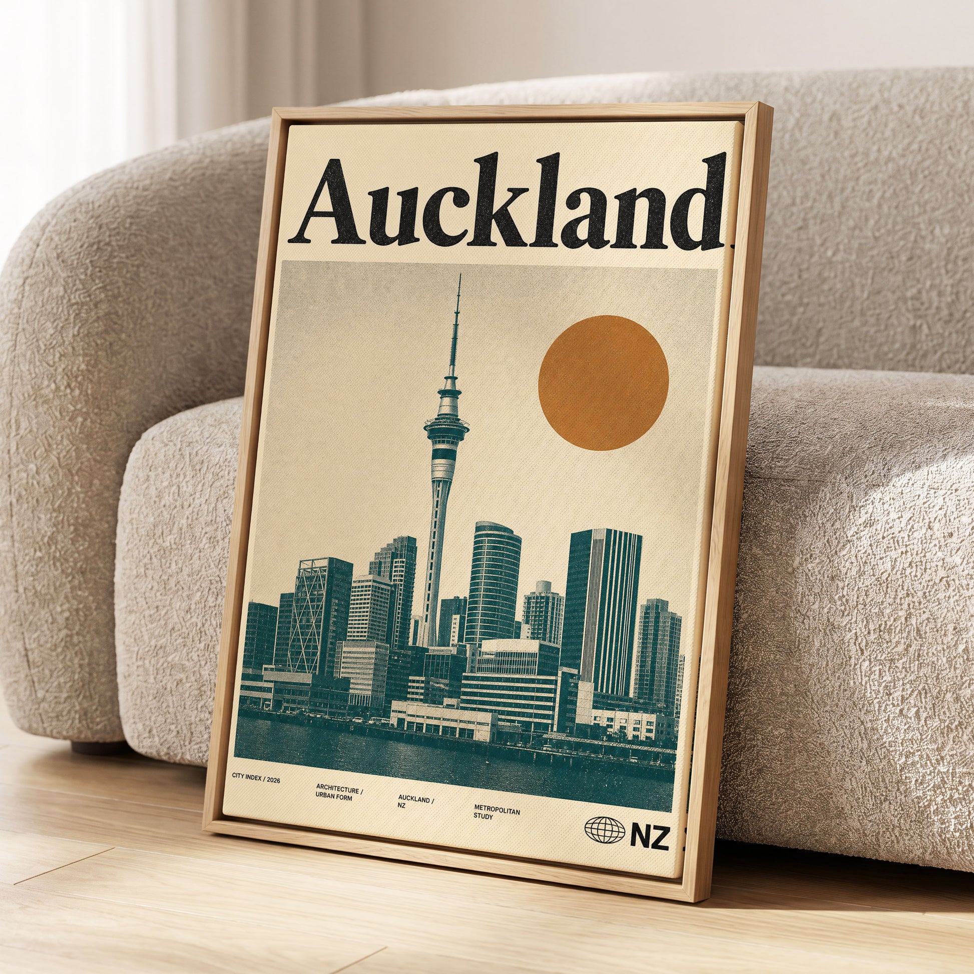 Auckland Modernist, beige, green, orange minimalist wall art displayed in a styled interior, gallery view 1
