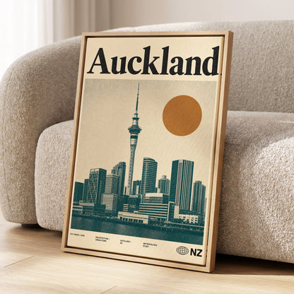 Auckland Modernist, beige, green, orange minimalist wall art displayed in a styled interior, gallery view 1