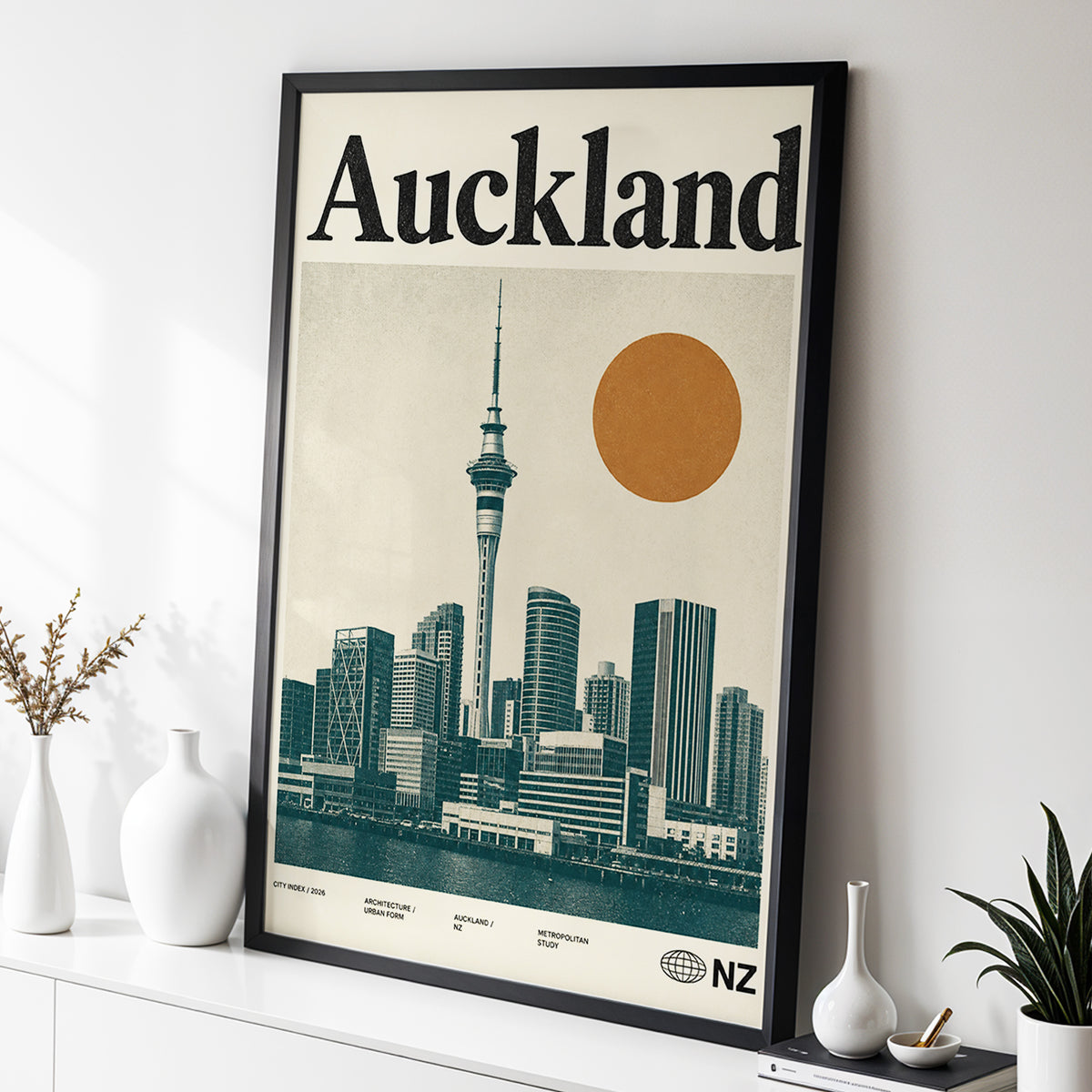 Auckland Modernist, beige, green, orange minimalist wall art displayed in a styled interior, gallery view 2