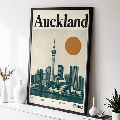 Auckland Modernist, beige, green, orange minimalist wall art displayed in a styled interior, gallery view 2