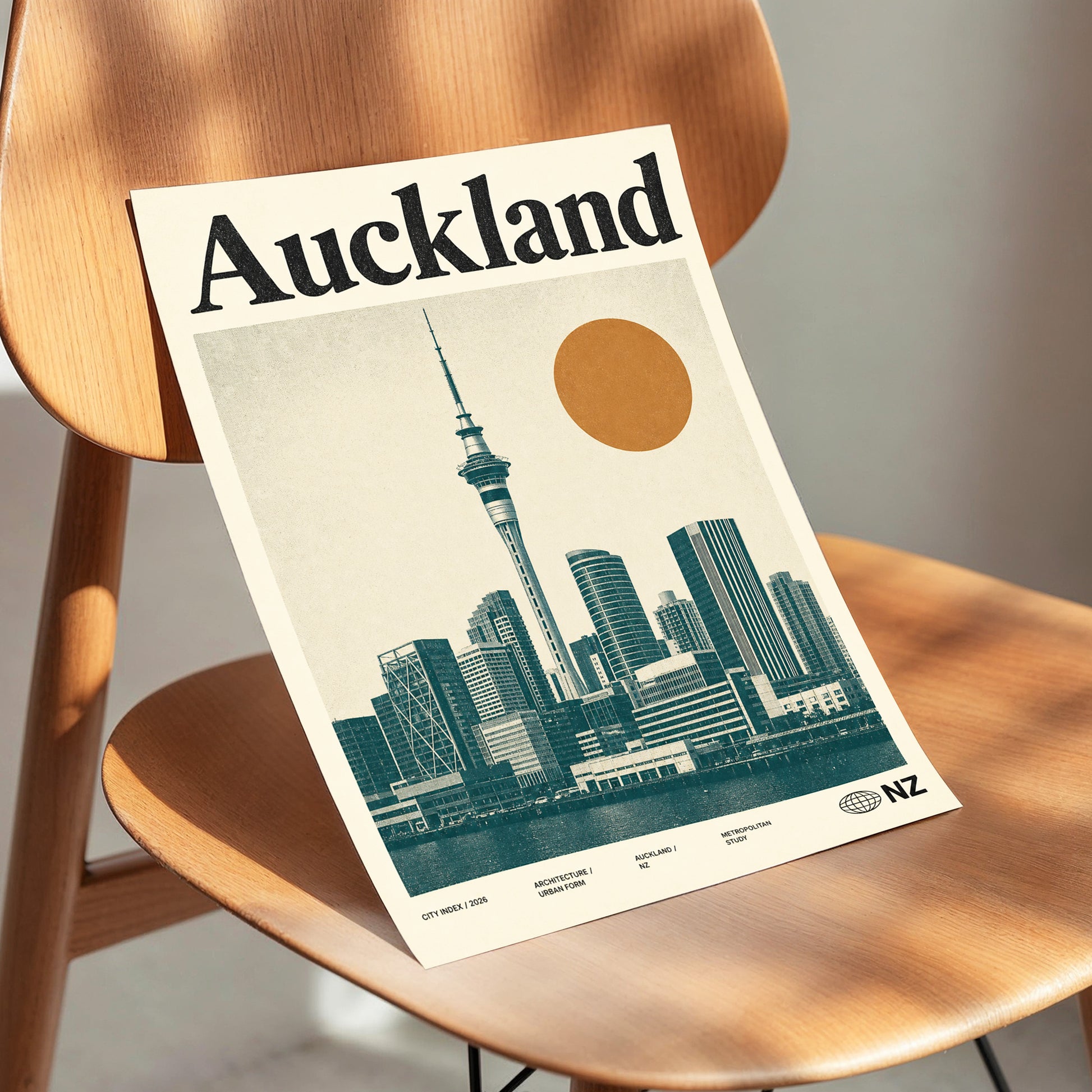 Auckland Modernist, beige, green, orange minimalist wall art displayed in a styled interior, gallery view 3