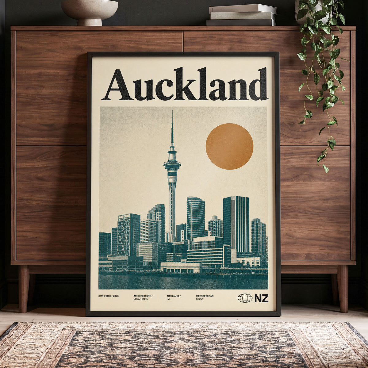 Auckland Modernist, beige, green, orange minimalist wall art displayed in a styled interior, gallery view 4