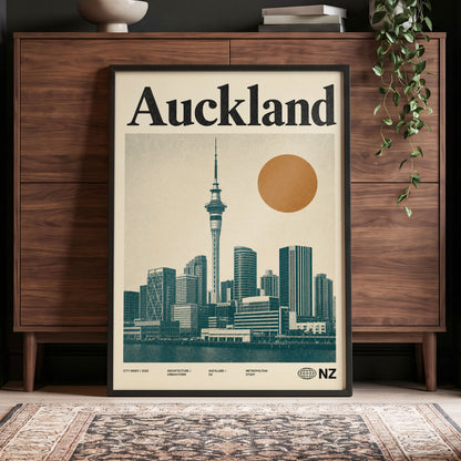 Auckland Modernist, beige, green, orange minimalist wall art displayed in a styled interior, gallery view 4