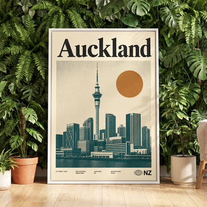 Auckland Modernist, beige, green, orange minimalist wall art displayed in a styled interior, gallery view 5