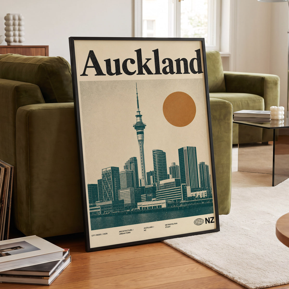 Auckland Modernist, beige, green, orange minimalist wall art displayed in a styled interior, gallery view 6