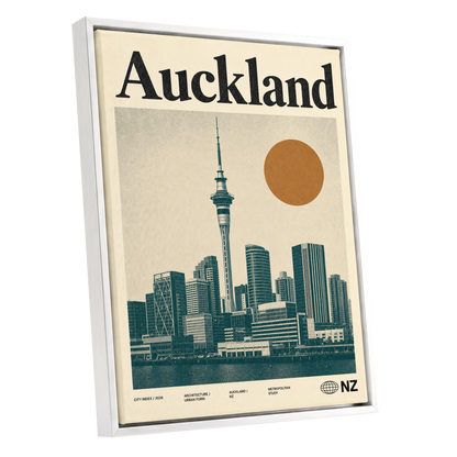 Auckland Modernist, beige, green, orange minimalist wall art shown as a white framed canvas wall art