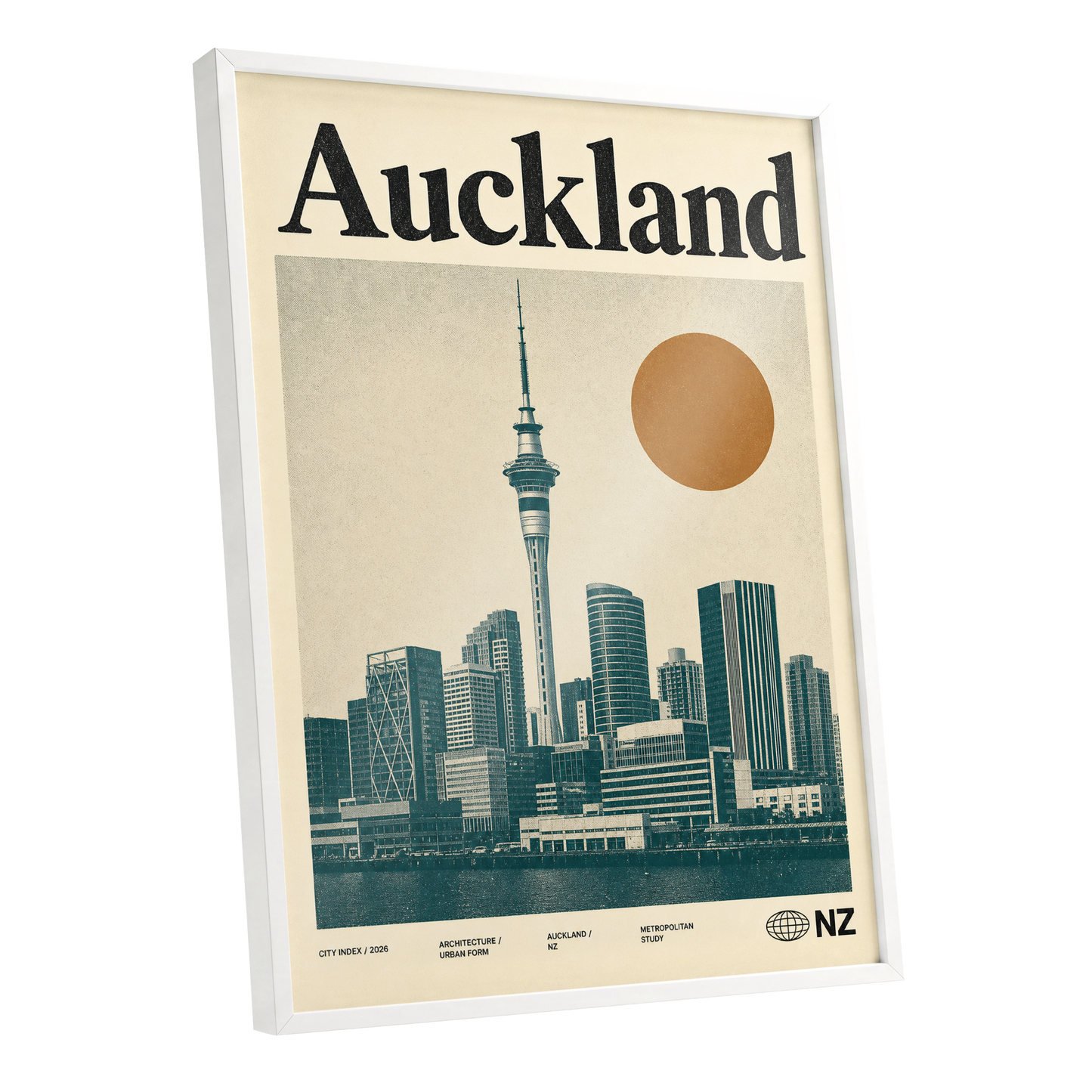 Auckland Modernist, beige, green, orange minimalist wall art shown as a white framed poster wall art print