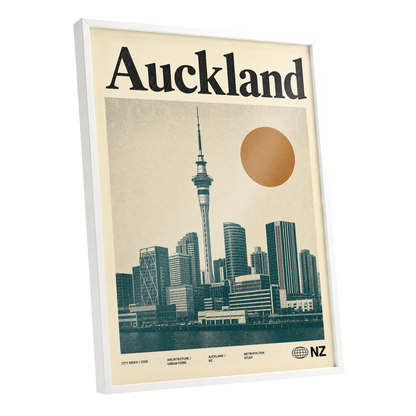 Auckland Modernist, beige, green, orange minimalist wall art shown as a white framed poster wall art print