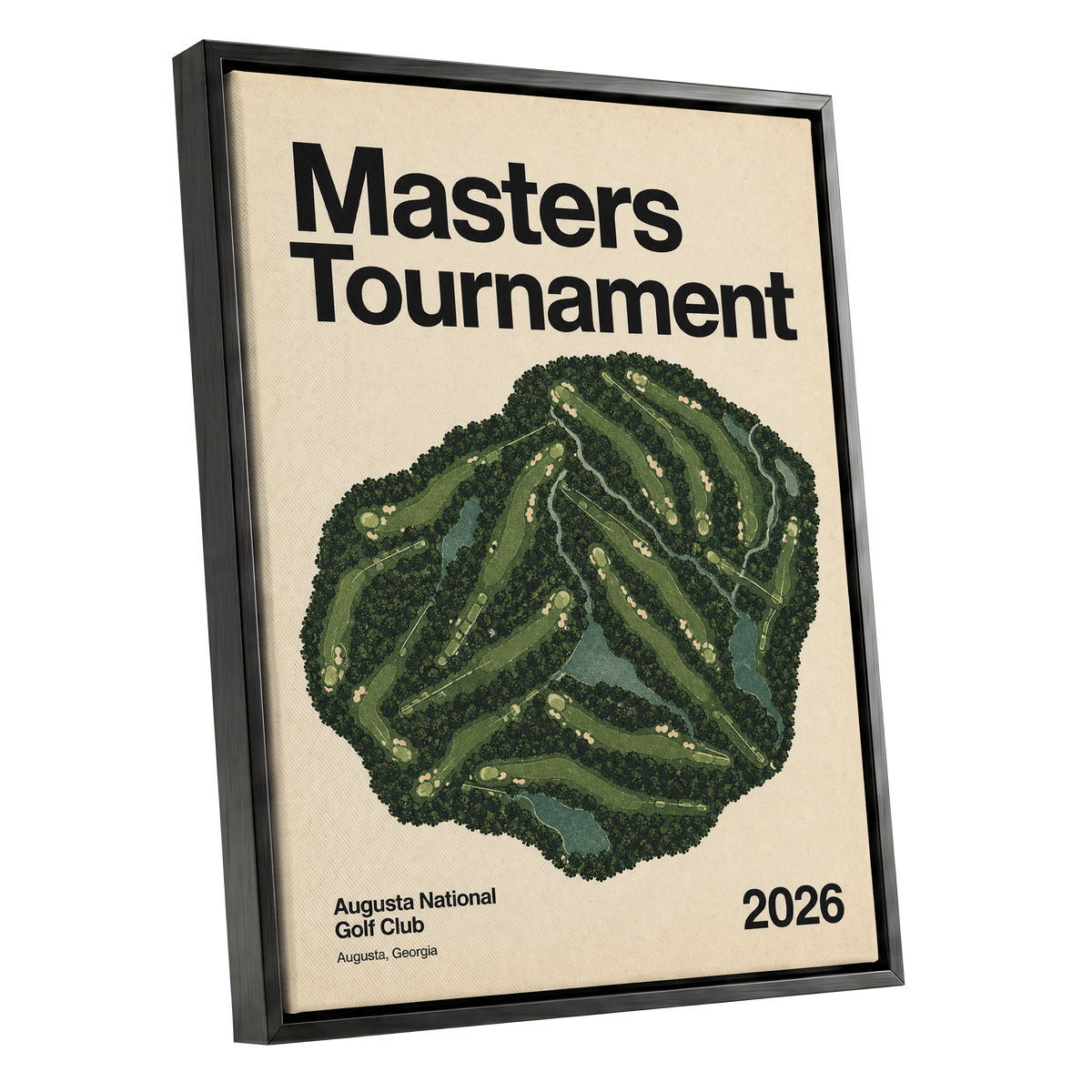 Augusta Tournament Map, green, beige, black nature wall art shown as a black framed canvas wall art