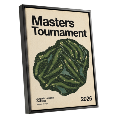 Augusta Tournament Map, green, beige, black nature wall art shown as a black framed canvas wall art