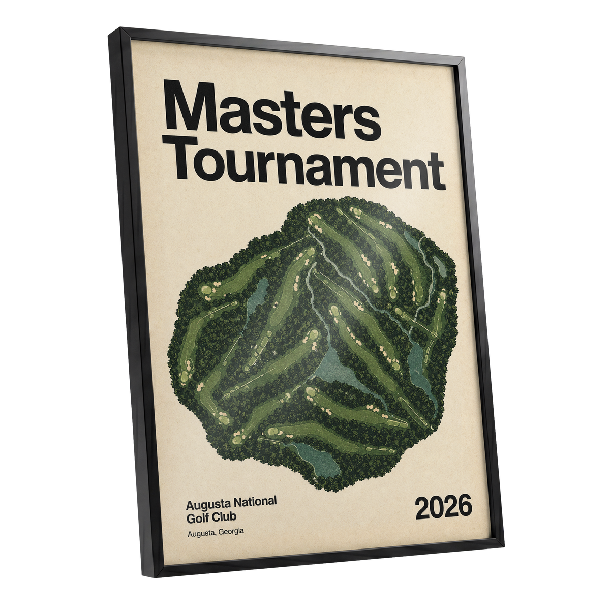 Augusta Tournament Map, green, beige, black nature wall art shown as a black framed poster wall art print