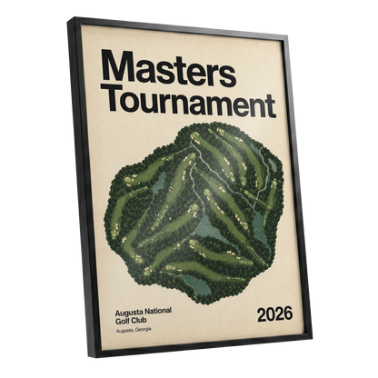 Augusta Tournament Map, green, beige, black nature wall art shown as a black framed poster wall art print