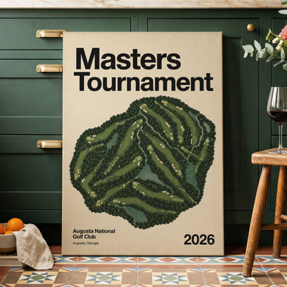 Augusta Tournament Map, green, beige, black nature wall art on canvas displayed in a styled interior, gallery view 1