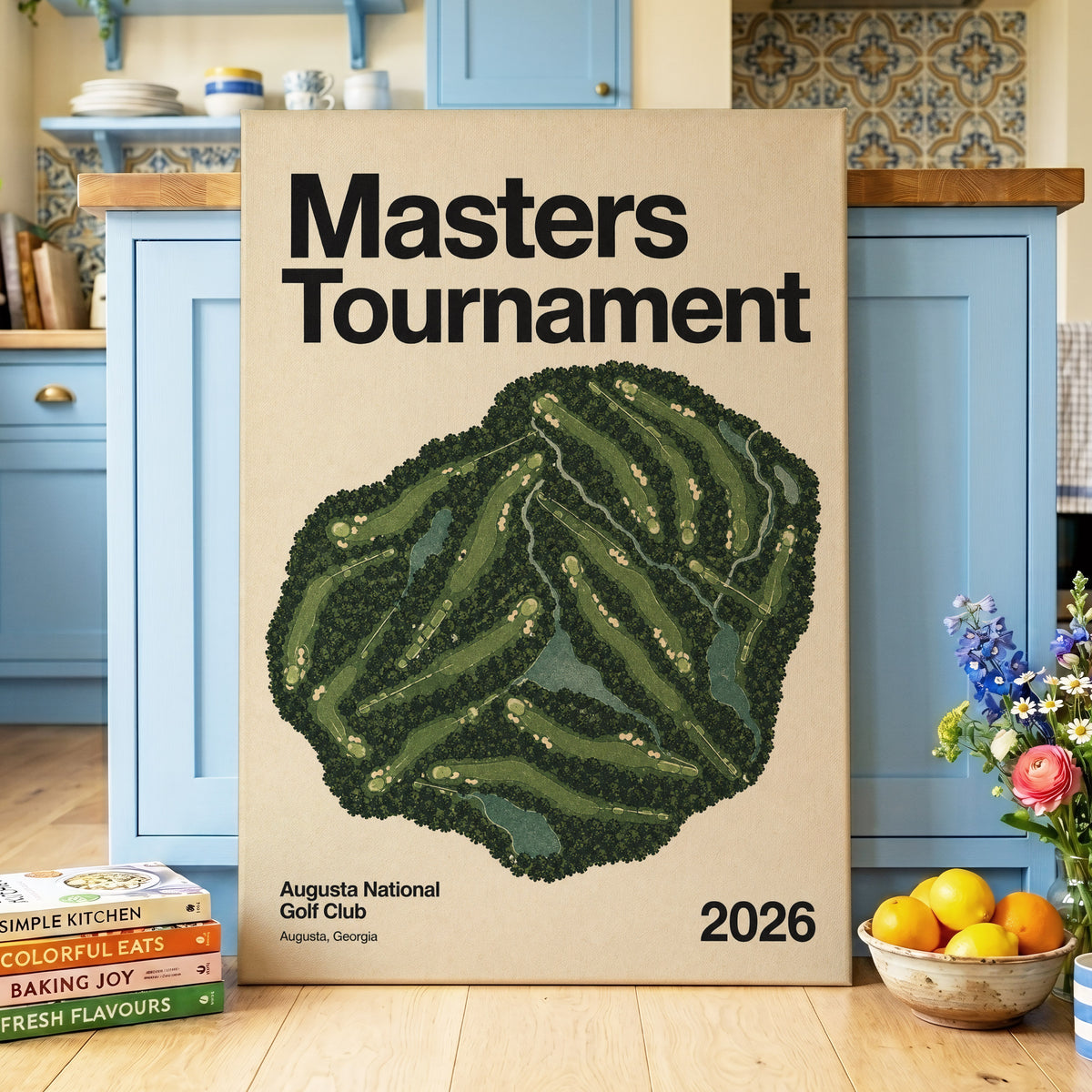 Augusta Tournament Map, green, beige, black nature wall art on canvas displayed in a styled interior, gallery view 2