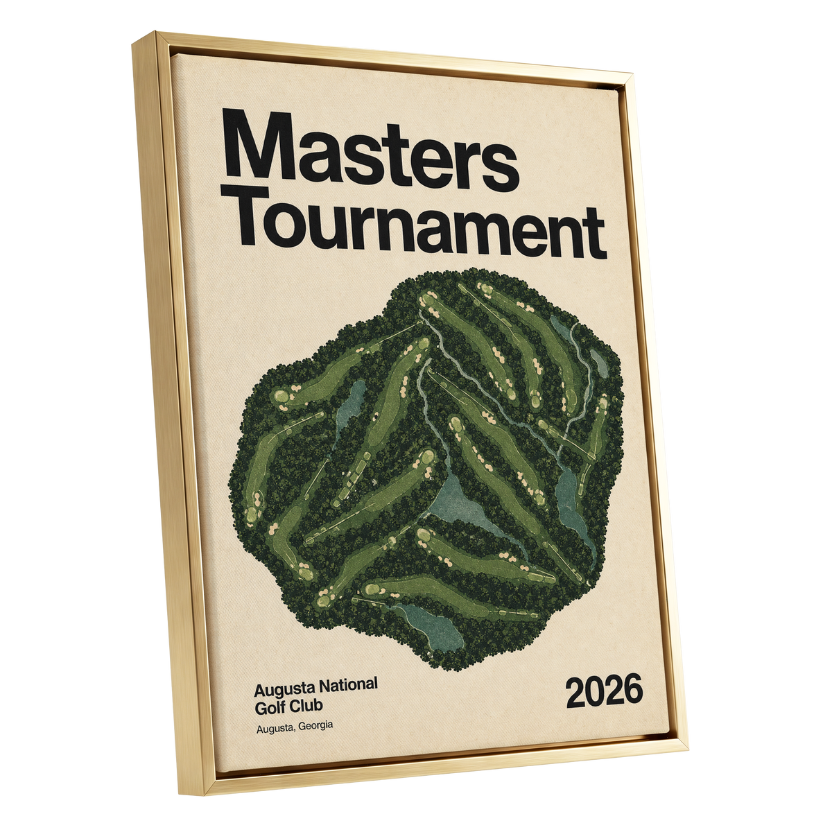 Augusta Tournament Map, green, beige, black nature wall art shown as a gold framed canvas wall art