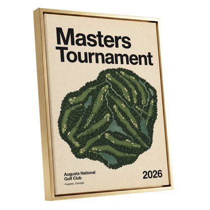 Augusta Tournament Map, green, beige, black nature wall art shown as a gold framed canvas wall art