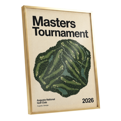 Augusta Tournament Map, green, beige, black nature wall art shown as a gold framed poster wall art print