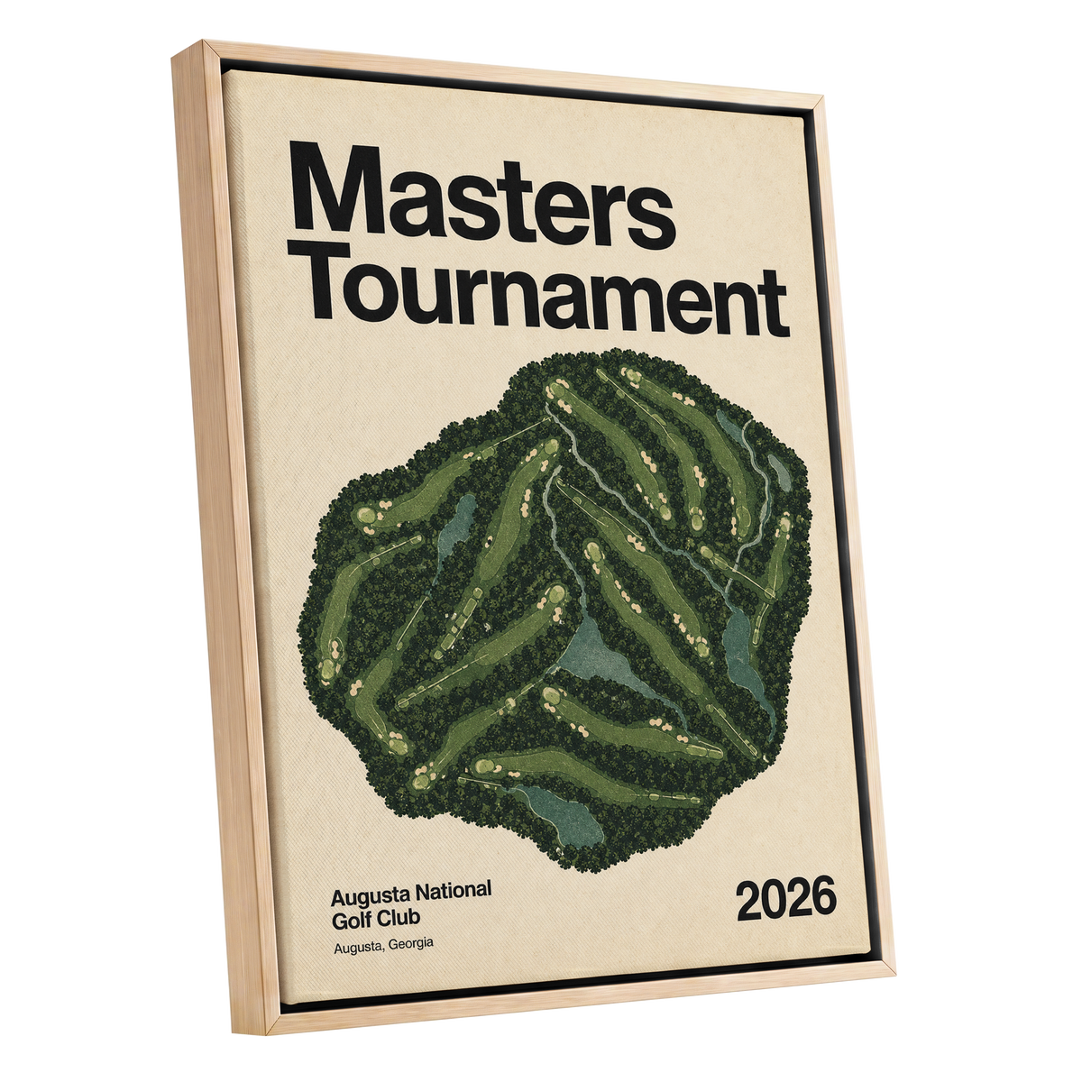 Augusta Tournament Map, green, beige, black nature wall art shown as a oak framed canvas wall art