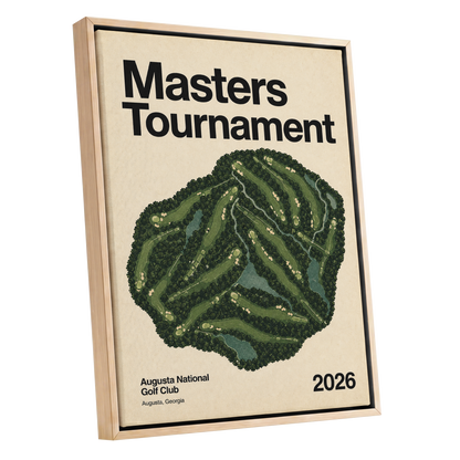Augusta Tournament Map, green, beige, black nature wall art shown as a oak framed canvas wall art